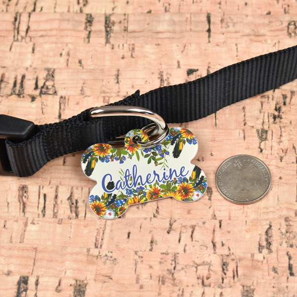 Sunflowers Bone Shaped Dog ID Tag - Large - In Context