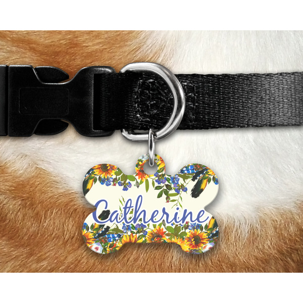 Sunflowers Bone Shaped Dog Tag on Collar & Dog