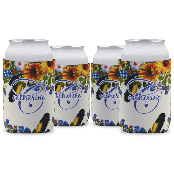 Custom Sunflowers Can Cooler (12 oz) - Set of 4 w/ Name and Initial