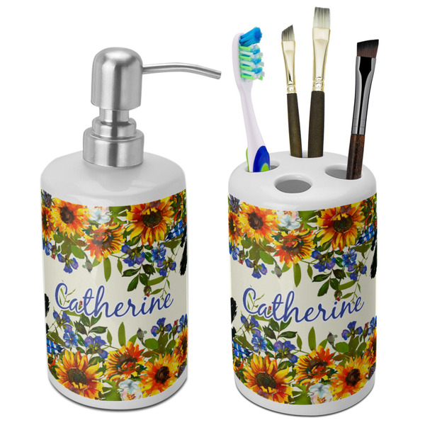 Custom Sunflowers Ceramic Bathroom Accessories Set (Personalized)