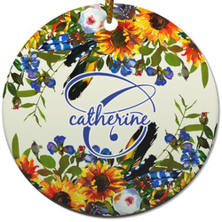 Sunflowers Round Ceramic Ornament w/ Name and Initial