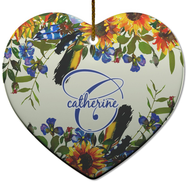 Custom Sunflowers Heart Ceramic Ornament w/ Name and Initial