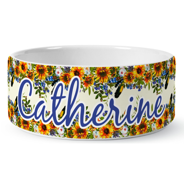 Custom Sunflowers Ceramic Dog Bowl - Large (Personalized)