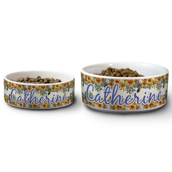 Sunflowers Ceramic Dog Bowls - Size Comparison