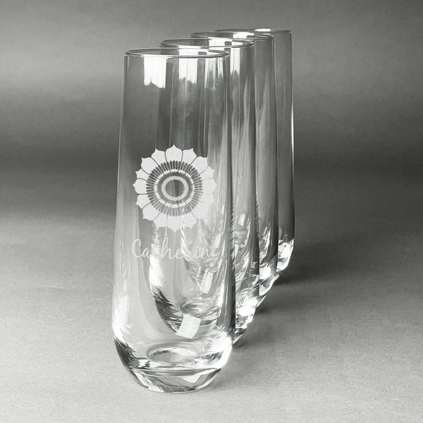 Custom Sunflowers Champagne Flute - Stemless Engraved - Set of 4 (Personalized)