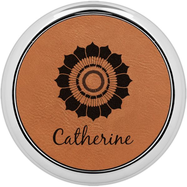 Custom Sunflowers Leatherette Round Coaster w/ Silver Edge (Personalized)