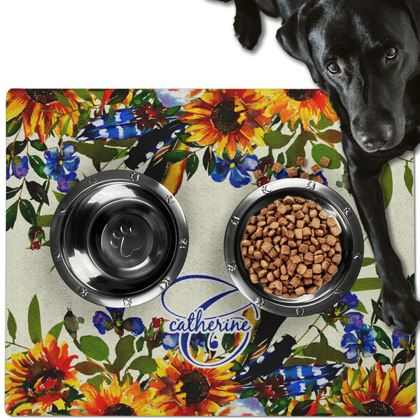 Custom Sunflowers Dog Food Mat - Large w/ Name and Initial