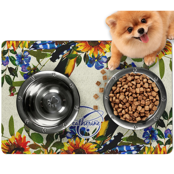 Custom Sunflowers Dog Food Mat - Small w/ Name and Initial