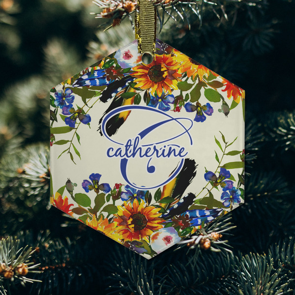 Sunflowers Frosted Glass Ornament - Hexagon (Lifestyle)