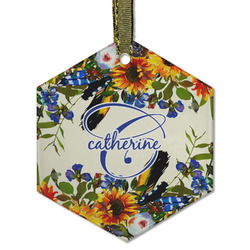Sunflowers Flat Glass Ornament - Hexagon w/ Name and Initial