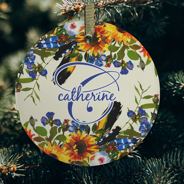 Sunflowers Frosted Glass Ornament - Round (Lifestyle)