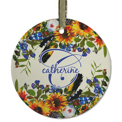 Sunflowers Flat Glass Ornament - Round w/ Name and Initial