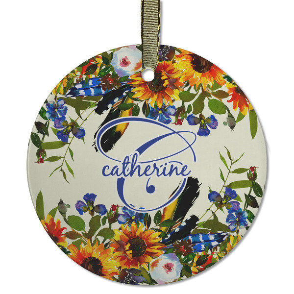 Custom Sunflowers Flat Glass Ornament - Round w/ Name and Initial