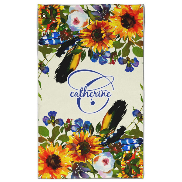 Custom Sunflowers Golf Towel - Poly-Cotton Blend w/ Name and Initial