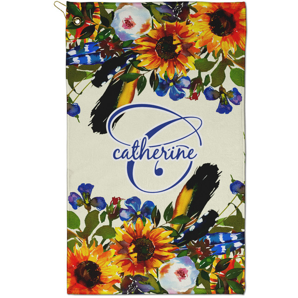 Custom Sunflowers Golf Towel - Poly-Cotton Blend - Small w/ Name and Initial