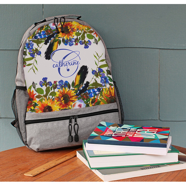 Sunflowers Large Backpack - Gray - On Desk