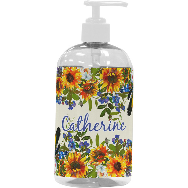 Custom Sunflowers Plastic Soap / Lotion Dispenser (16 oz - Large - White) (Personalized)