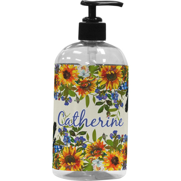 Custom Sunflowers Plastic Soap / Lotion Dispenser (16 oz - Large - Black) (Personalized)