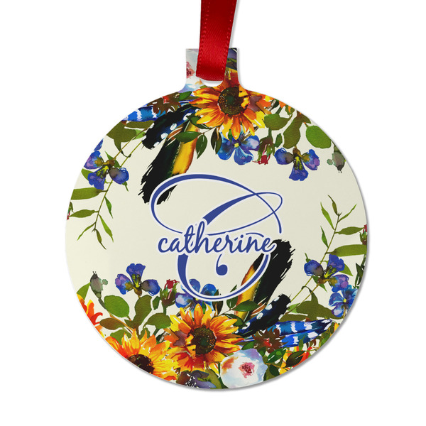 Custom Sunflowers Metal Ball Ornament - Double Sided w/ Name and Initial