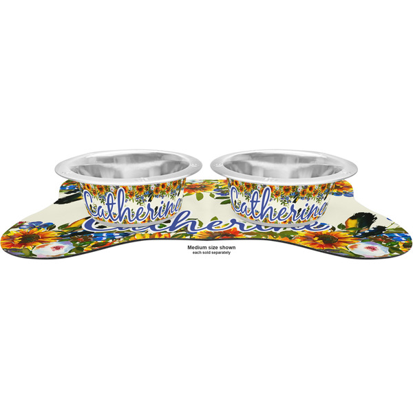 Sunflowers Metal Pet Bowls - On Dog Bone Shaped Mat