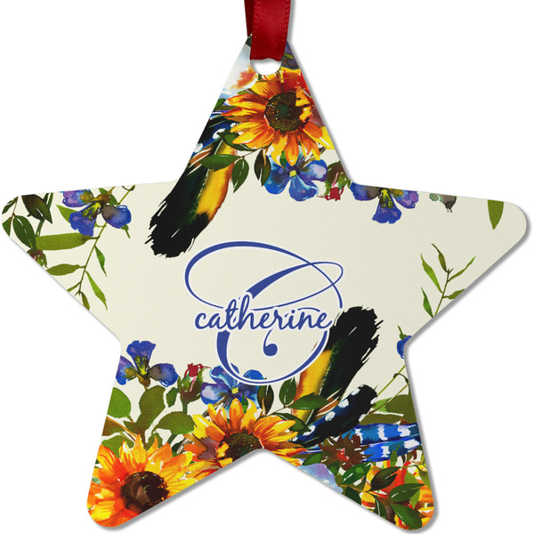 Custom Sunflowers Metal Star Ornament - Double Sided w/ Name and Initial