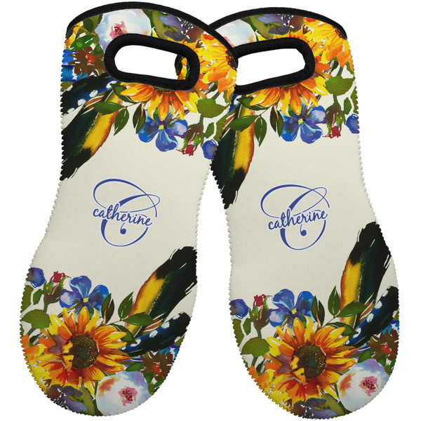 Custom Sunflowers Neoprene Oven Mitts - Set of 2 w/ Name and Initial