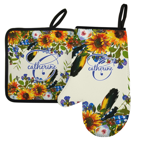 Custom Sunflowers Left Oven Mitt & Pot Holder Set w/ Name and Initial