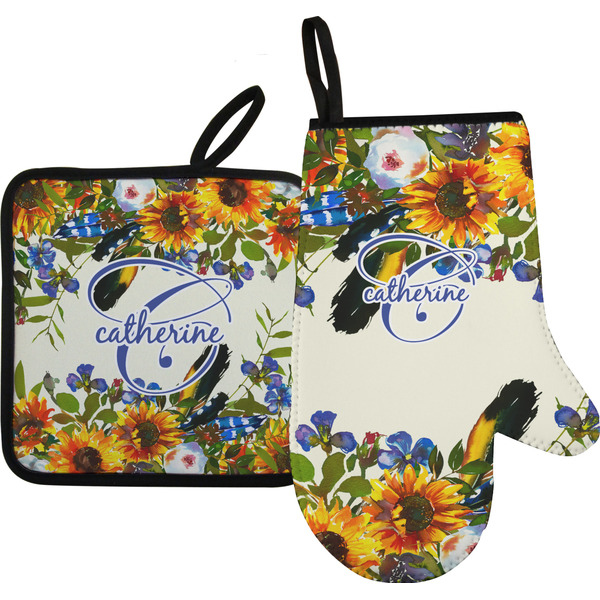 Custom Sunflowers Right Oven Mitt & Pot Holder Set w/ Name and Initial