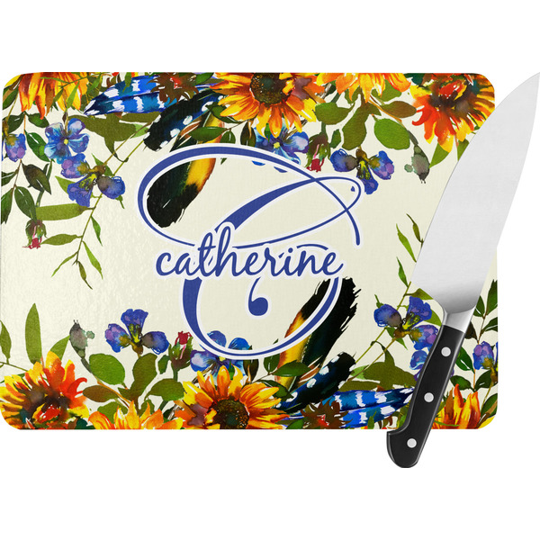 Custom Sunflowers Rectangular Glass Cutting Board - Medium - 11"x8" (Personalized)