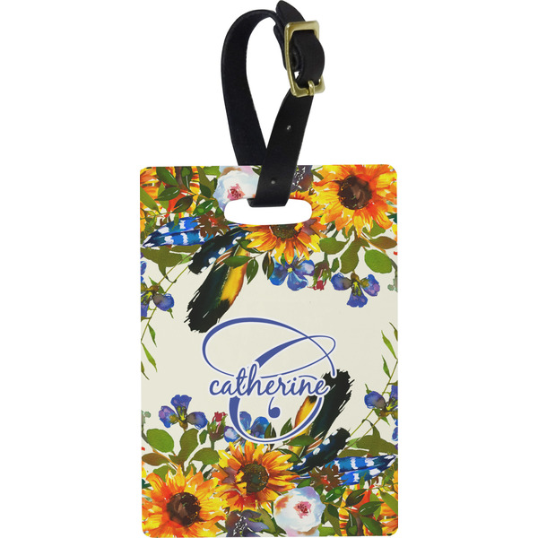 Custom Sunflowers Plastic Luggage Tag - Rectangular w/ Name and Initial