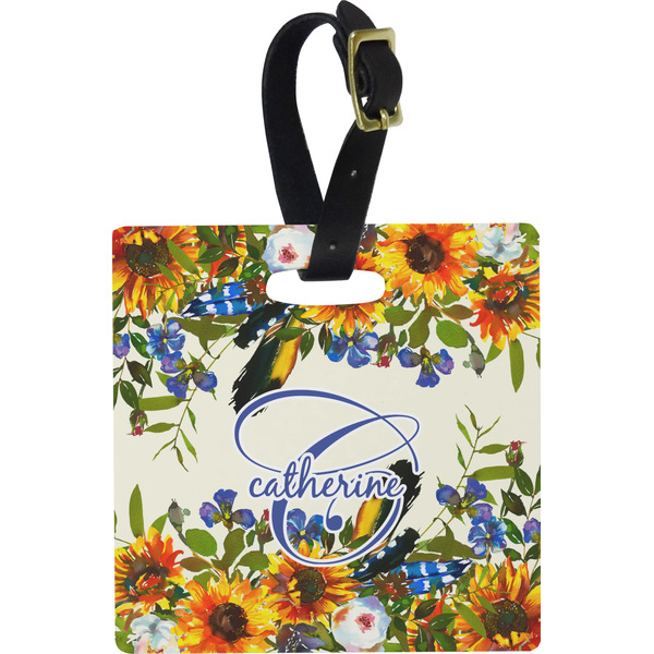 Custom Sunflowers Plastic Luggage Tag - Square w/ Name and Initial
