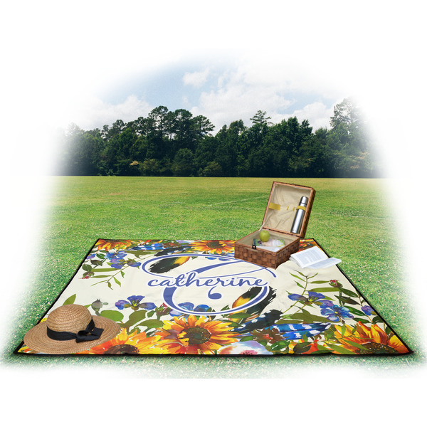 Sunflowers Picnic Blanket - with Basket Hat and Book - in Use