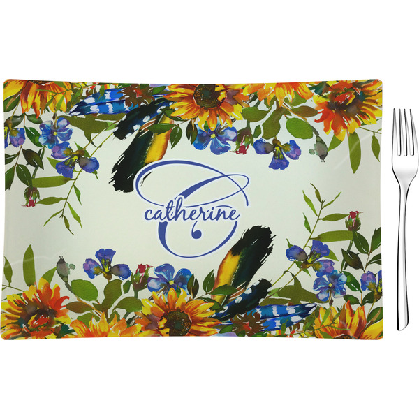 Custom Sunflowers Glass Rectangular Appetizer / Dessert Plate (Personalized)