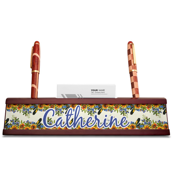 Sunflowers Red Mahogany Nameplates with Business Card Holder - Straight