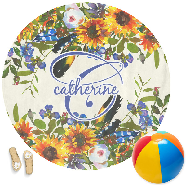 Custom Sunflowers Round Beach Towel (Personalized)
