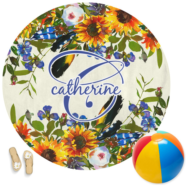 Custom Sunflowers Round Beach Towel (Personalized)