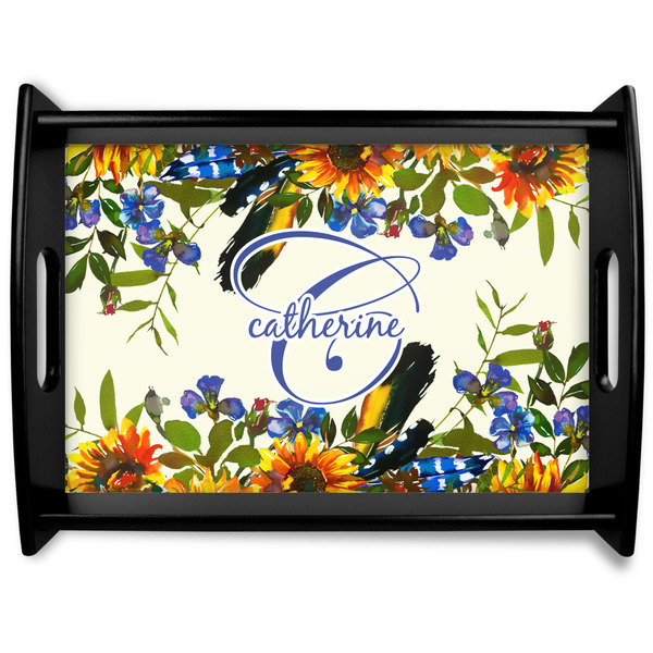 Custom Sunflowers Black Wooden Tray - Large (Personalized)
