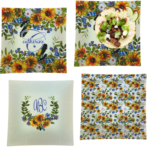 Custom Sunflowers Set of 4 Glass Square Lunch / Dinner Plate 9.5" (Personalized)