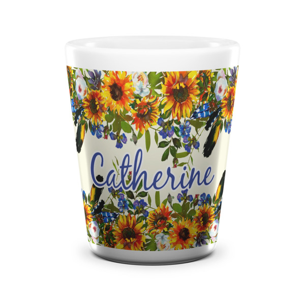Custom Sunflowers Ceramic Shot Glass - 1.5 oz - White - Single (Personalized)