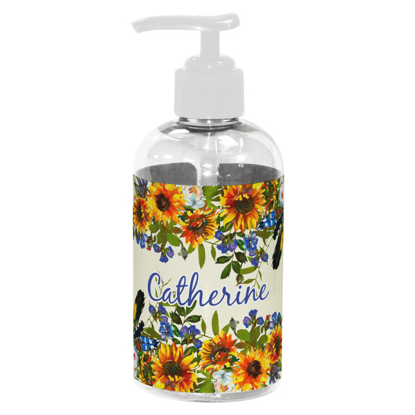 Custom Sunflowers Plastic Soap / Lotion Dispenser (8 oz - Small - White) (Personalized)
