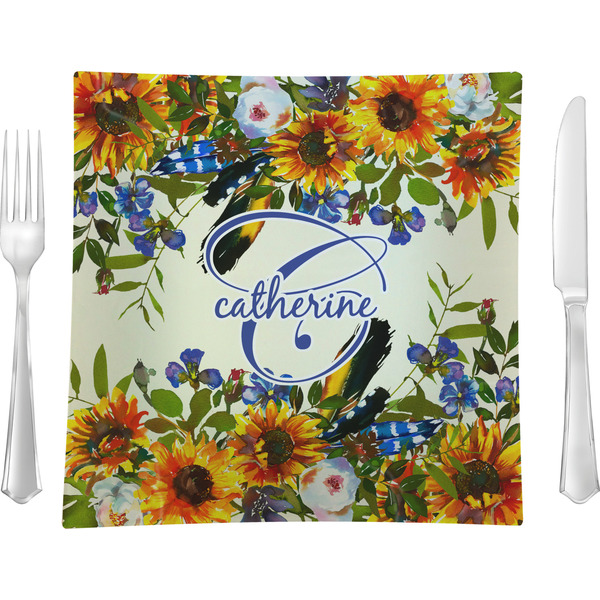 Custom Sunflowers Glass Square Lunch / Dinner Plate 9.5" (Personalized)