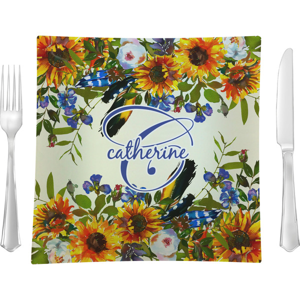 Custom Sunflowers 9.5" Glass Square Lunch / Dinner Plate- Single or Set of 4 (Personalized)