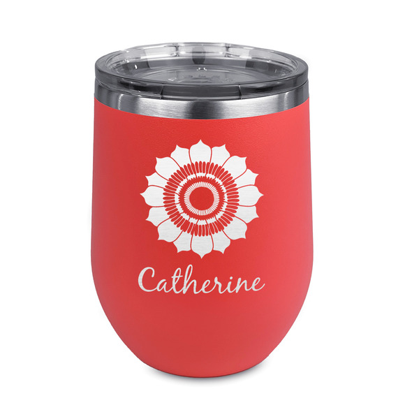 Custom Sunflowers Stemless Stainless Steel Wine Tumbler - Coral - Double Sided (Personalized)