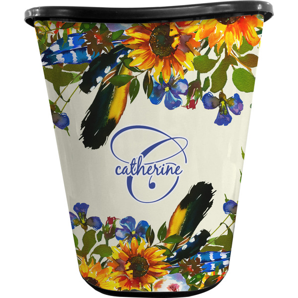 Custom Sunflowers Waste Basket - Double Sided (Black) (Personalized)