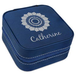 Sunflowers Travel Jewelry Box - Navy Blue Leather (Personalized)