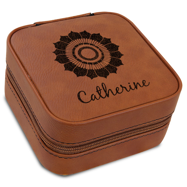 Custom Sunflowers Travel Jewelry Box - Rawhide Leather (Personalized)