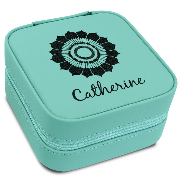 Custom Sunflowers Travel Jewelry Box - Teal Leather (Personalized)