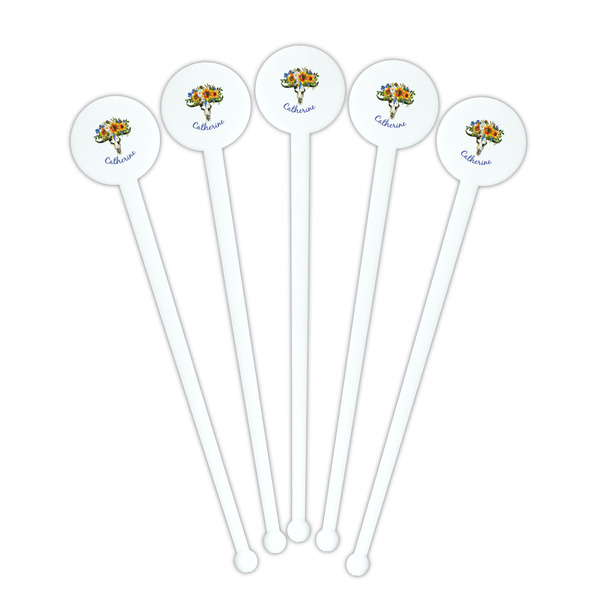 Sunflowers White Plastic 7" Stir Stick - Round - Fan View