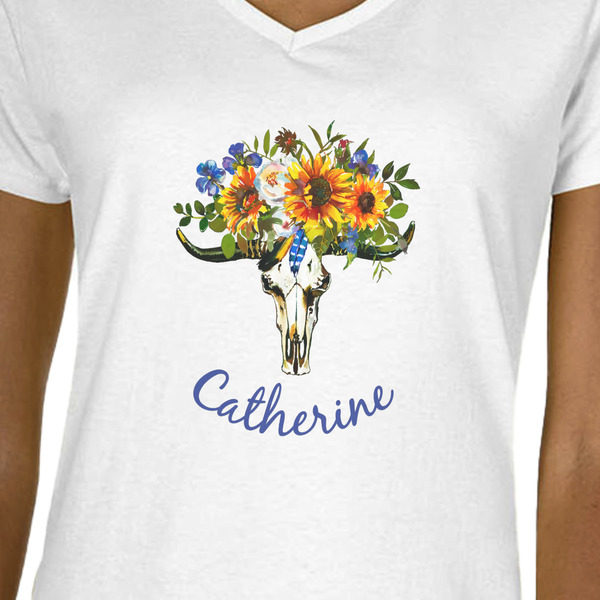 Sunflowers White V-Neck T-Shirt on Model - CloseUp