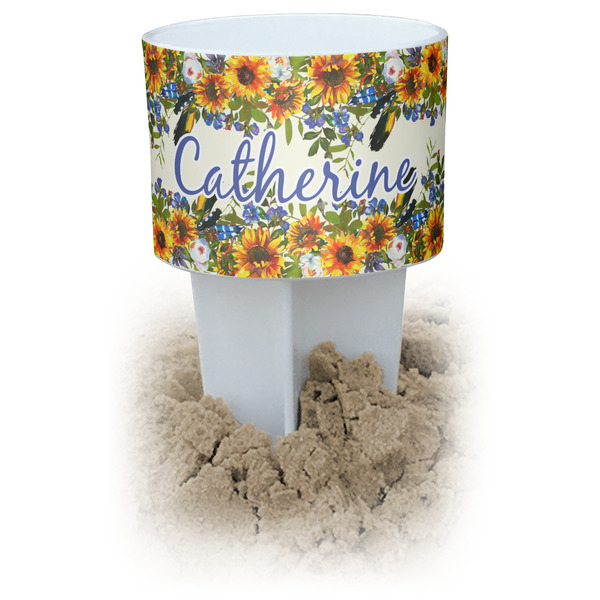 Custom Sunflowers White Beach Spiker Drink Holder (Personalized)